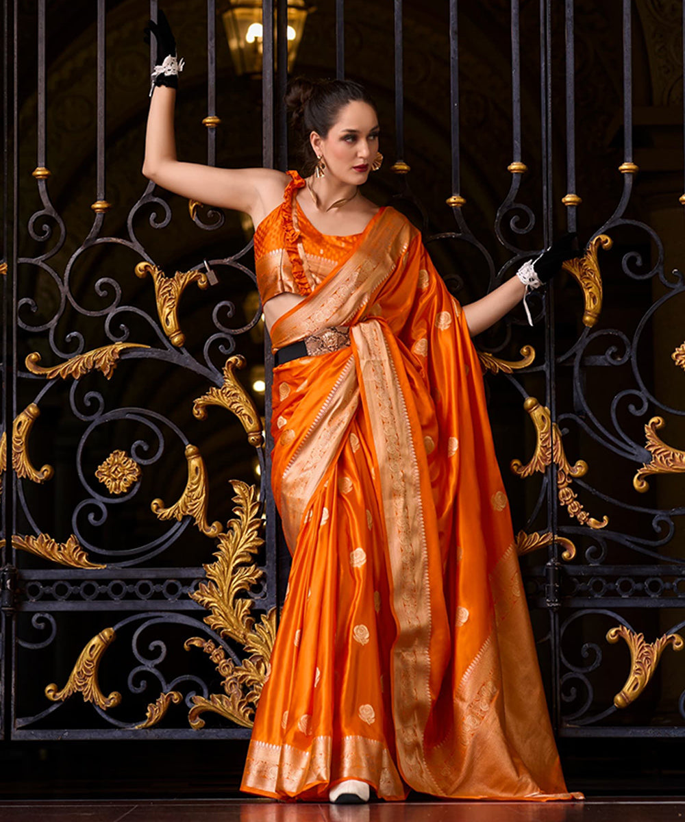 Radiant Yellow Banarasi Silk Saree with Rose Motifs & Golden Zari Work