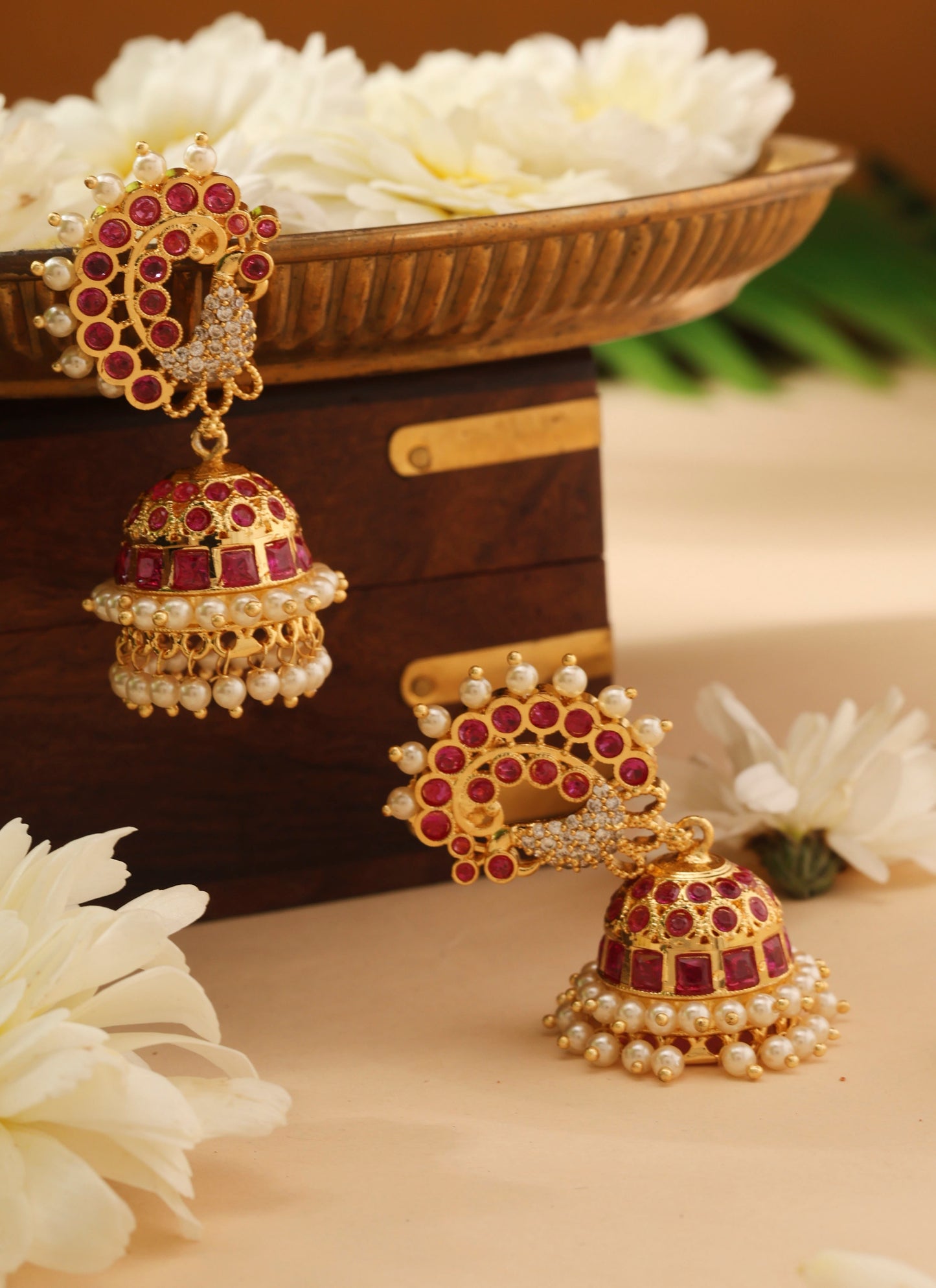 Gold Pearl and Pink Stone Jhumkas