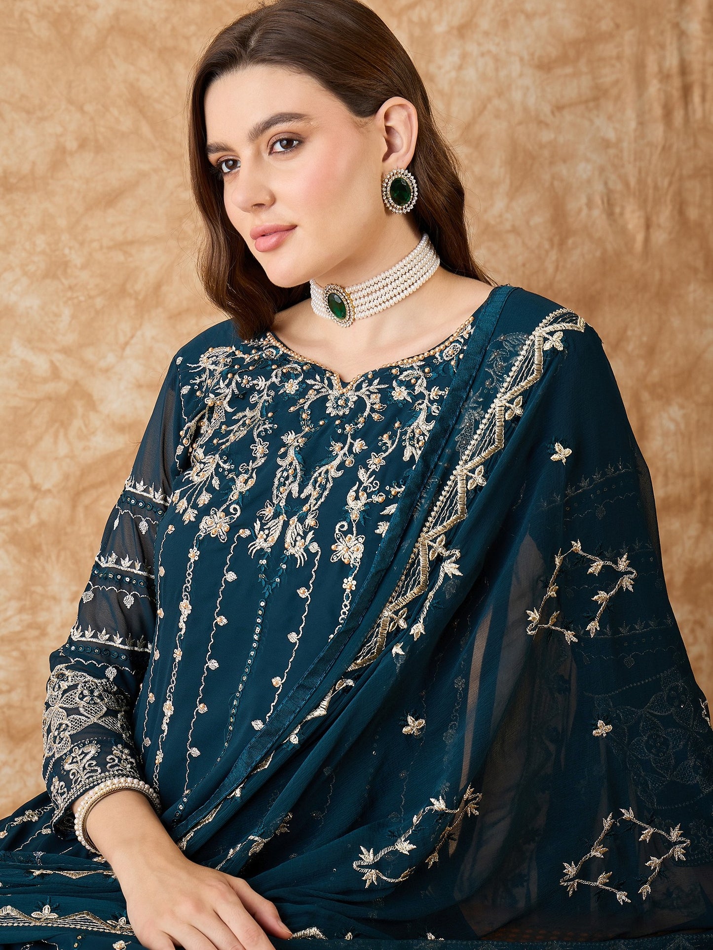 Semi-Stitched Teal Georgette Pakistani Suit with Embroidery