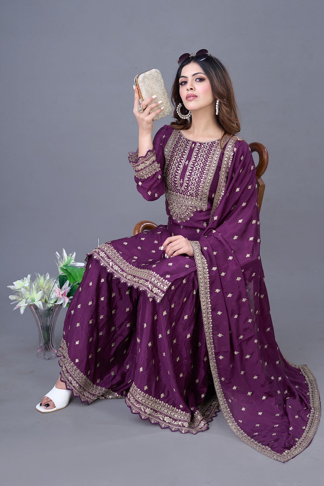 Wine Sequins Silk Blend Readymade Suit