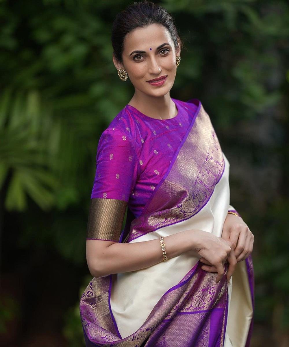 White and Purple Art Silk Saree