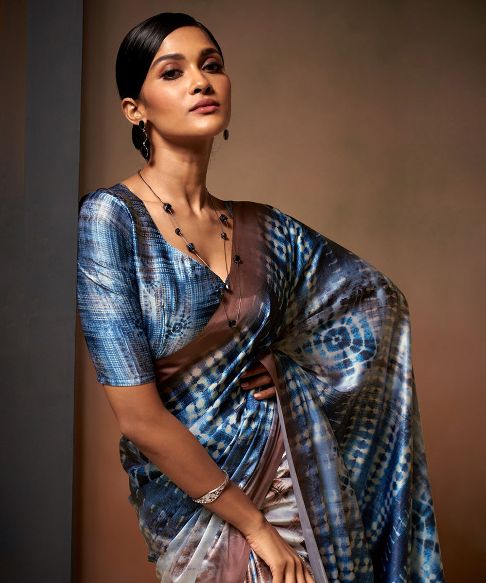 Blue and Beige Shibori Satin Saree