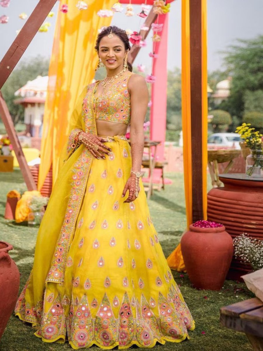 Yellow Embroidered Mirror Sequin Lehenga Choli with Dupatta Unstitched