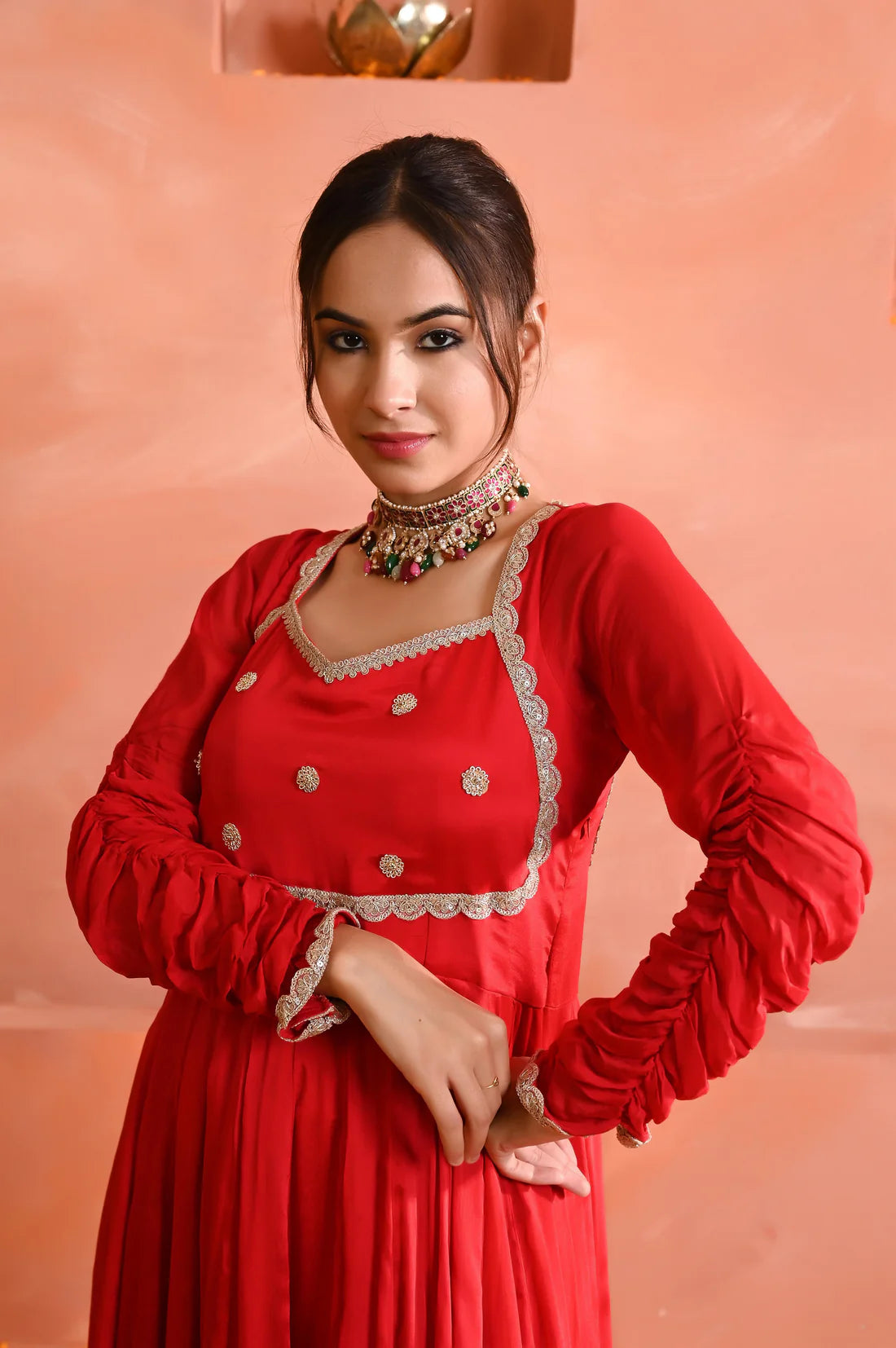 Red Georgette Zardosi and Lacework Anarkali Set