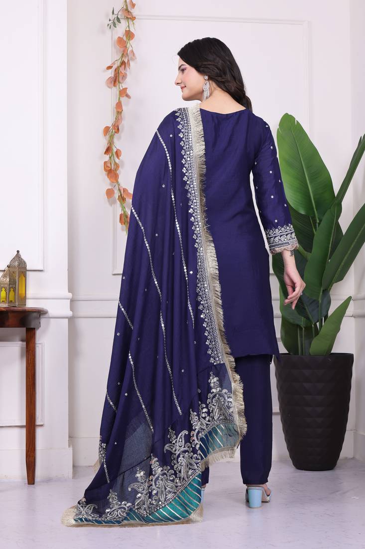 Kurta Set Blue Chinnon Stitched