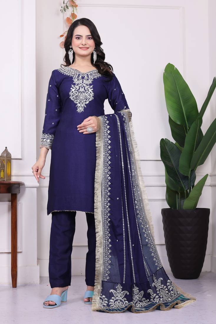 Kurta Set Blue Chinnon Stitched