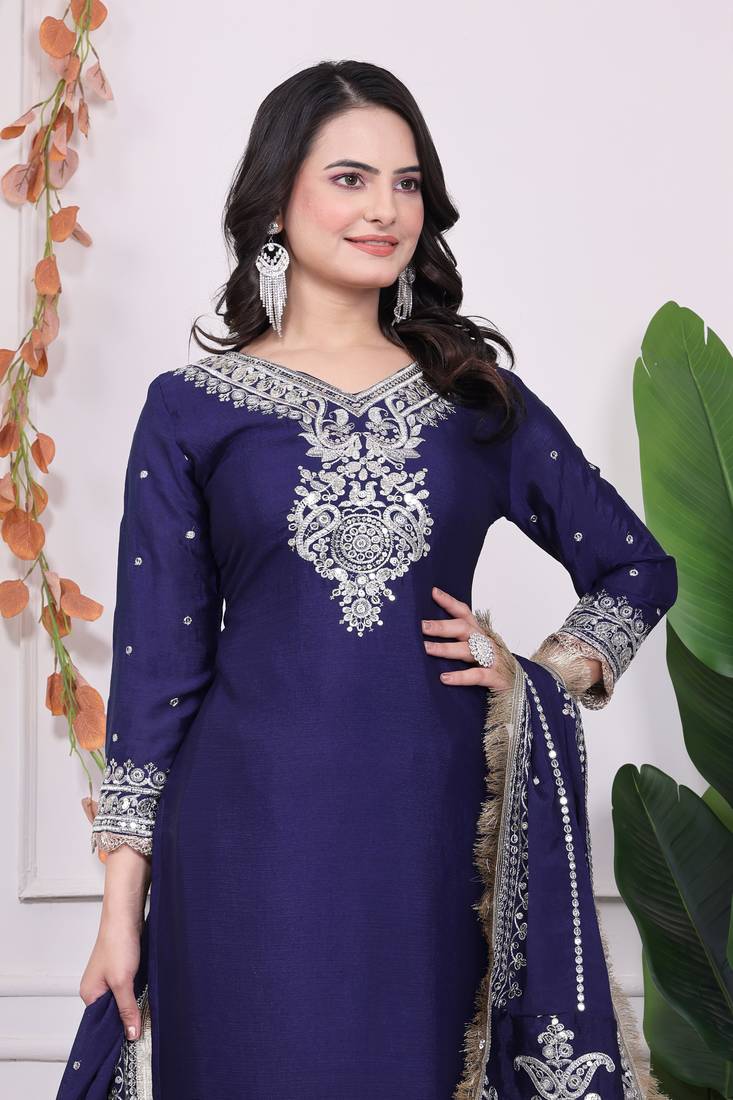 Kurta Set Blue Chinnon Stitched