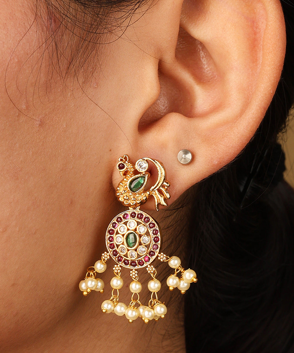 Gold Plated Guttapusalu Necklace with Red Stone Accents Jhumkis and Pearl Pendant