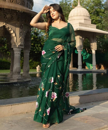 Green Organza Hand-Painted Saree with Delicate Artwork