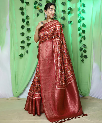 Lustrous Red Patola Art Silk Saree with Intricate Traditional Prints