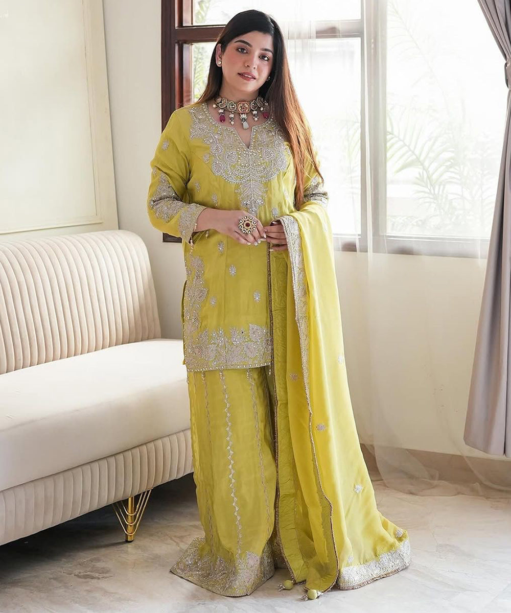 Yellow Chinon Silk Embroidery Sequin Work Kurta, Pant, and Dupatta Set