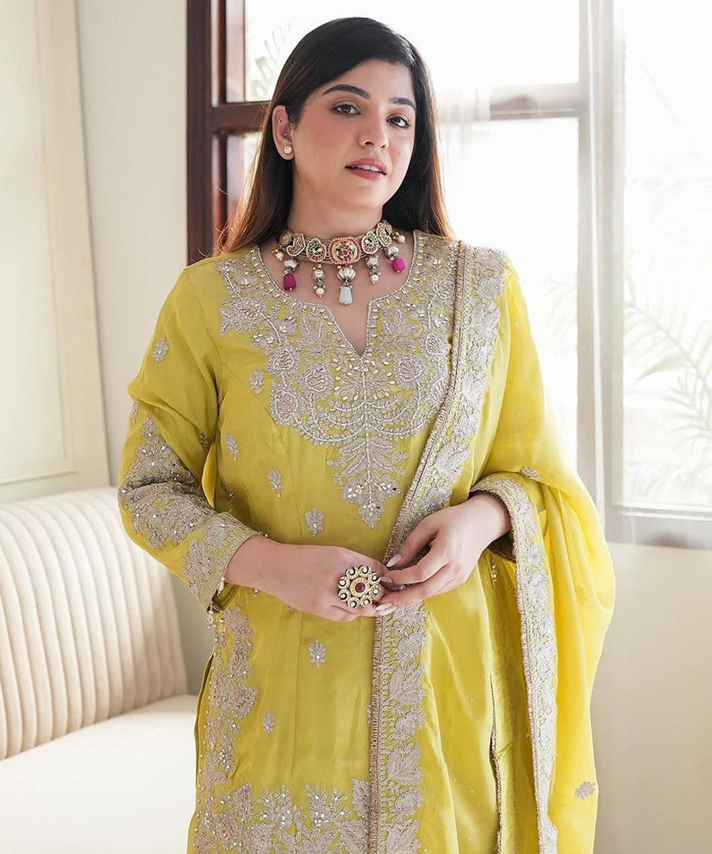 Yellow Chinon Silk Embroidery Sequin Work Kurta, Pant, and Dupatta Set