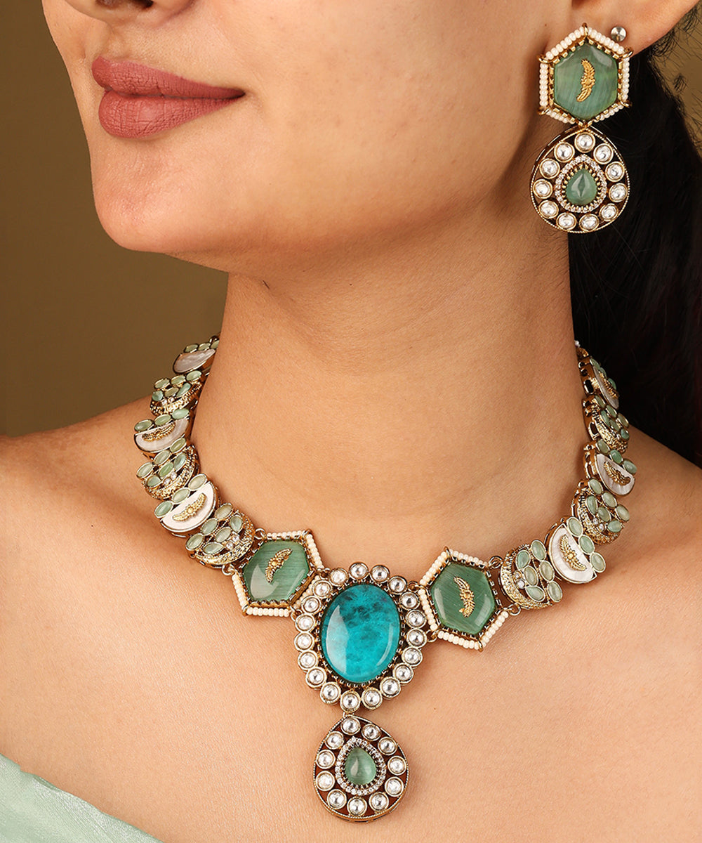 Statement Necklace with Turquoise Stones and Kundan Work