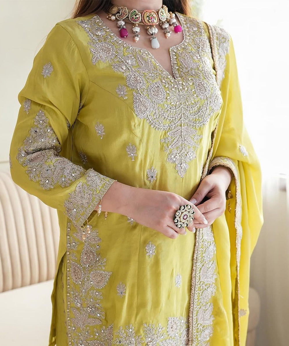 Yellow Chinon Silk Embroidery Sequin Work Kurta, Pant, and Dupatta Set