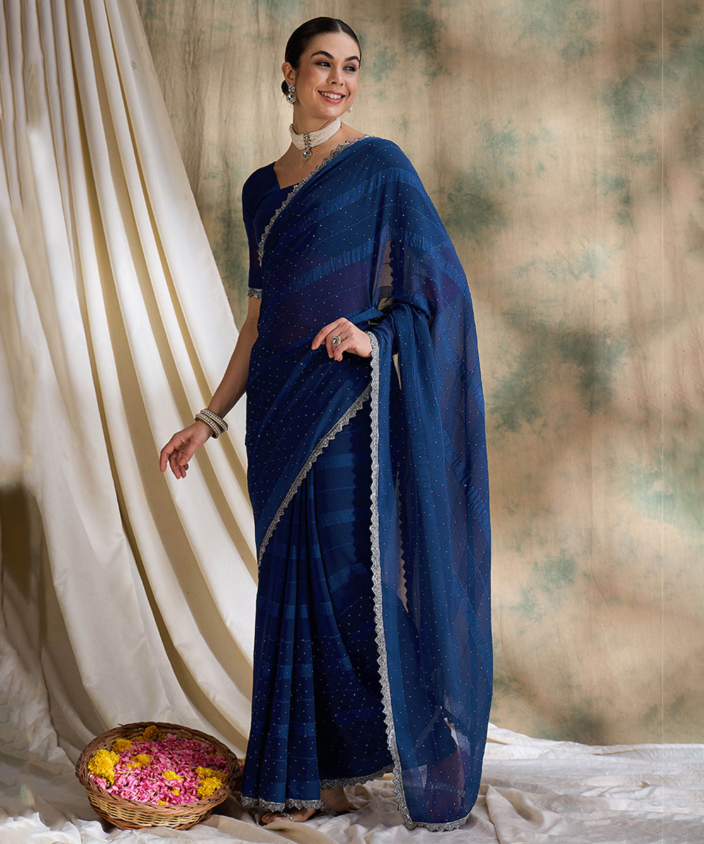 Navy Blue Glitter Georgette Saree with a Sparkling Finish