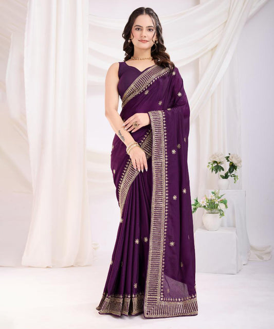 Purple Saree with Gold Zari Border and Traditional Weaving