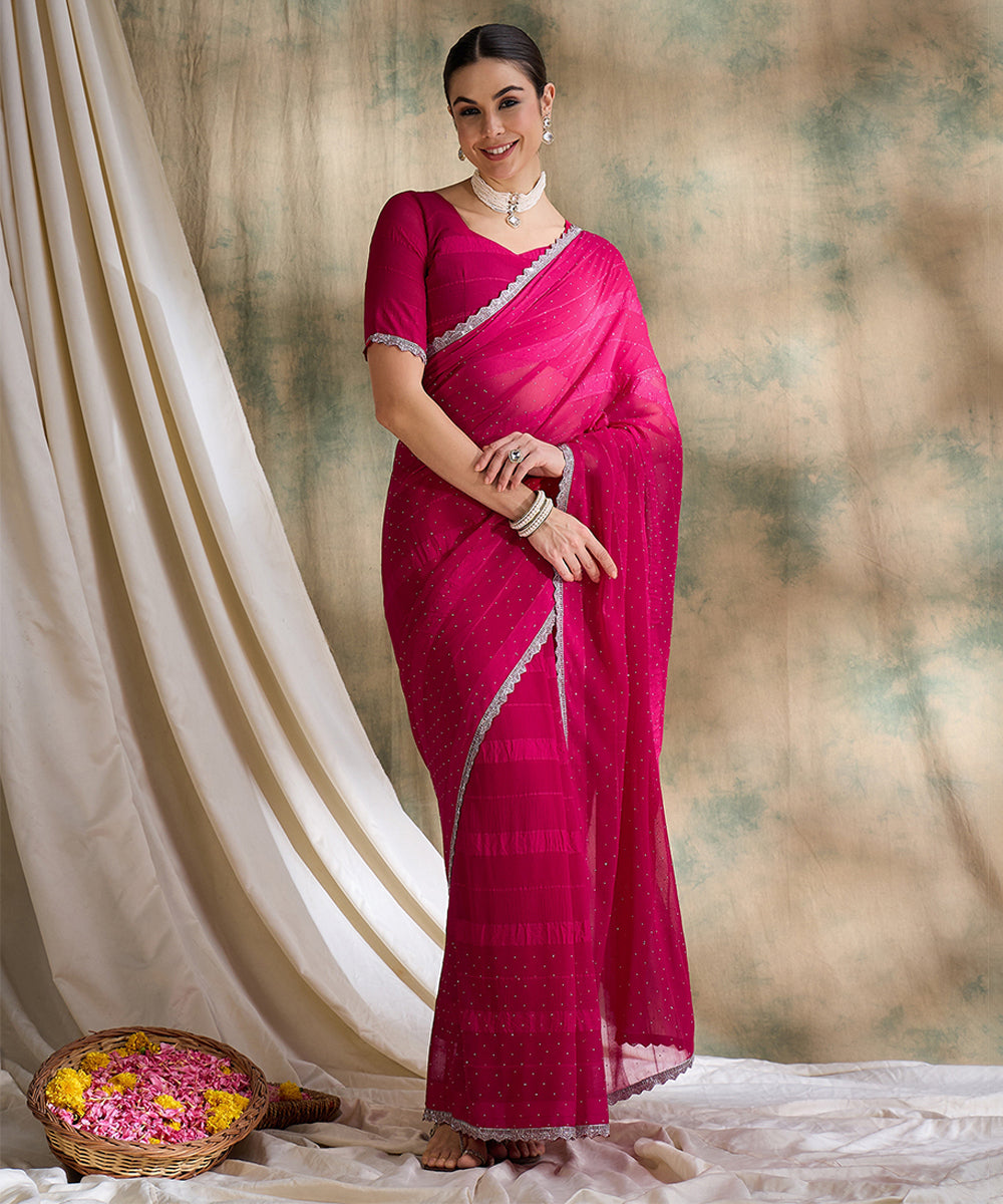 Fuchsia Pink Glitter Georgette Saree for a Glamorous Look