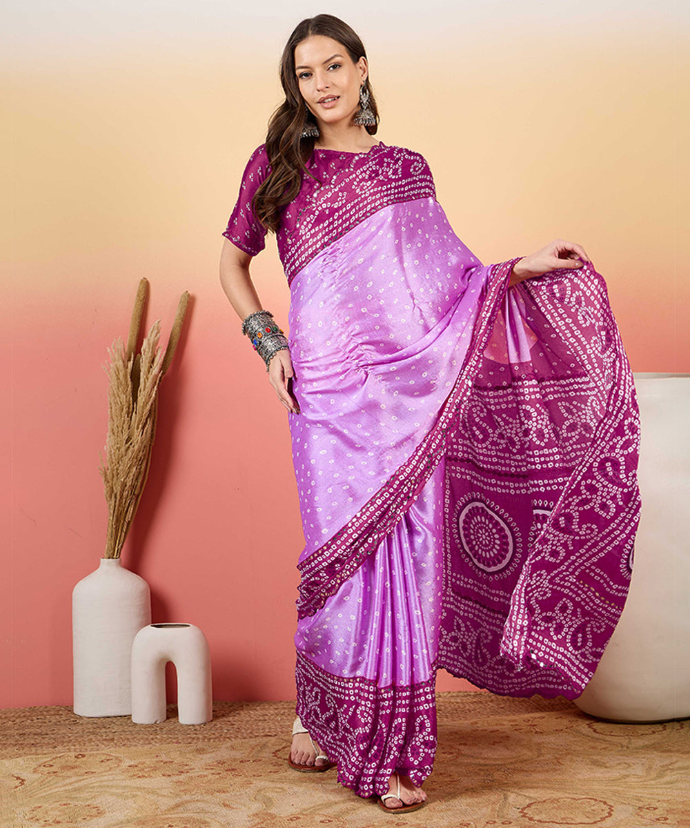 Lilac Bandhani Silk Saree with Intricate Traditional Prints