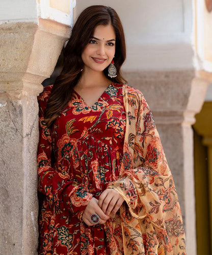 Maroon Floral Printed Calf-Length Flared Anarkali and Palazzo with Printed Dupatta