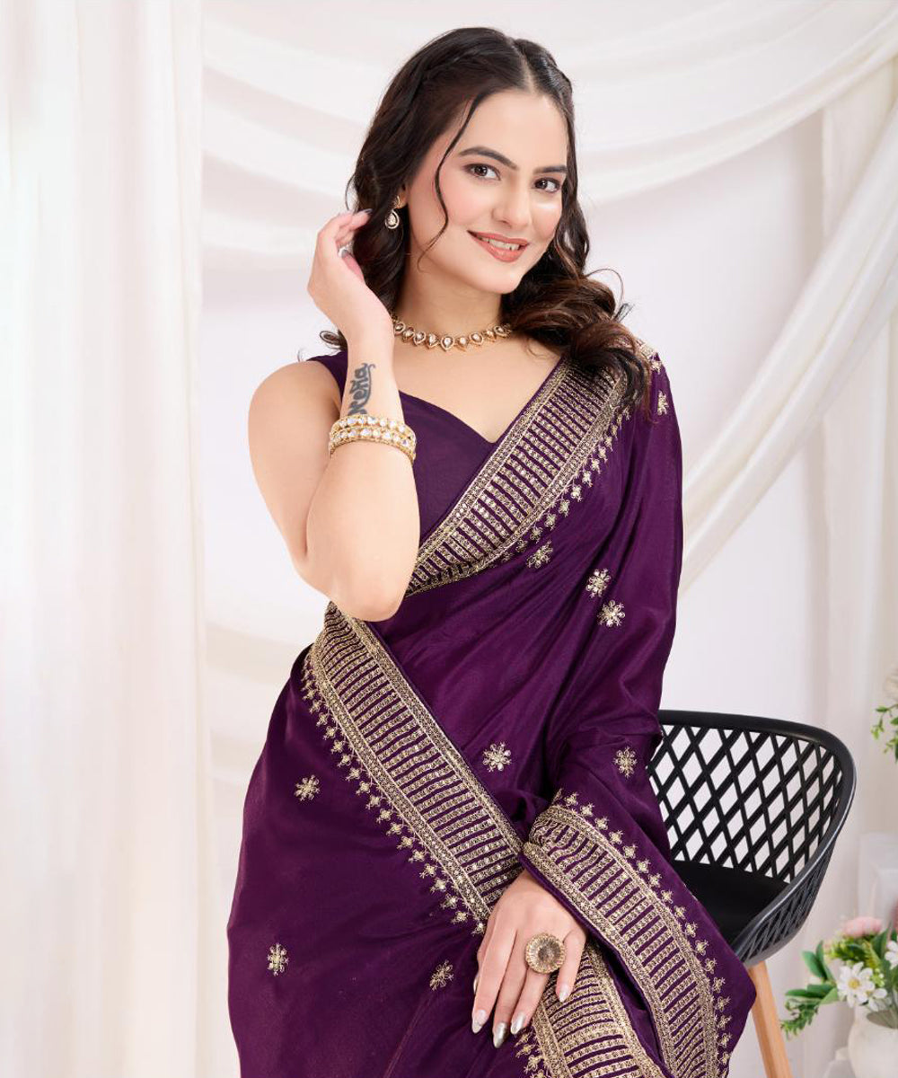 Purple Saree with Gold Zari Border and Traditional Weaving