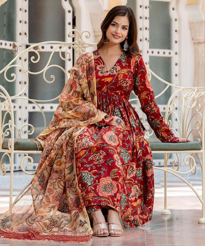 Maroon Floral Printed Calf-Length Flared Anarkali and Palazzo with Printed Dupatta