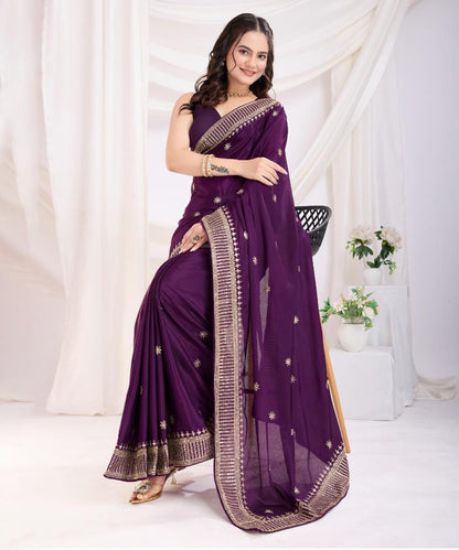 Purple Saree with Gold Zari Border and Traditional Weaving