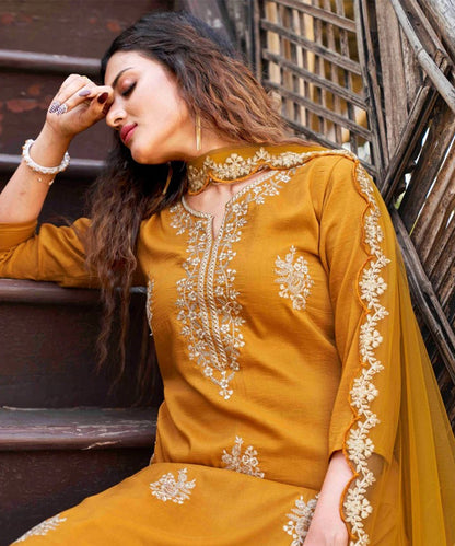 Mustard Embroidered Ethnic Motifs Kurta Set with Dupatta