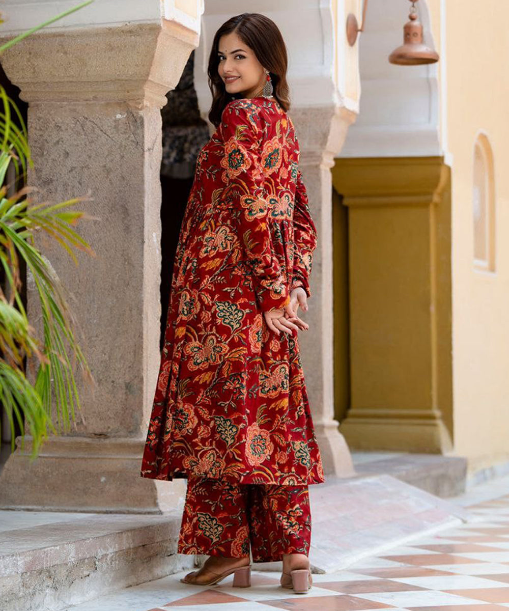 Maroon Floral Printed Calf-Length Flared Anarkali and Palazzo with Printed Dupatta