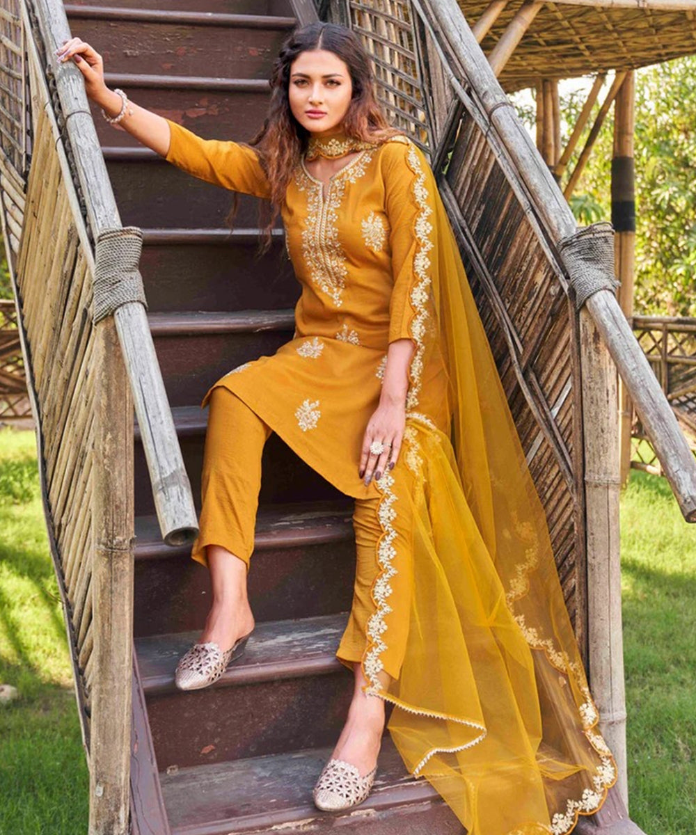 Mustard Embroidered Ethnic Motifs Kurta Set with Dupatta