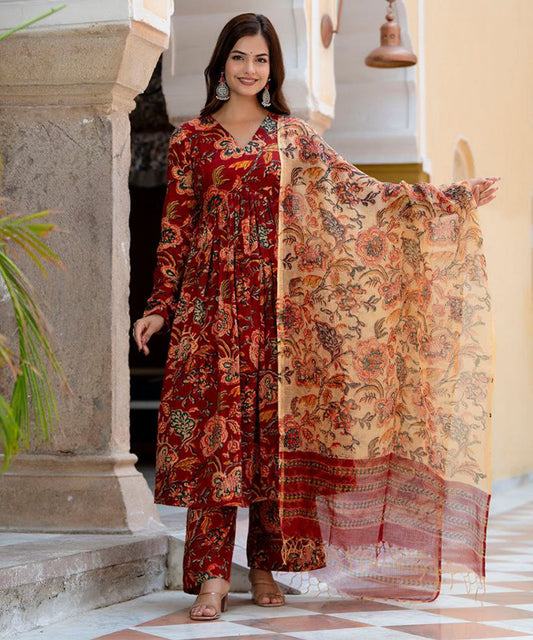 Maroon Floral Printed Calf-Length Flared Anarkali and Palazzo with Printed Dupatta