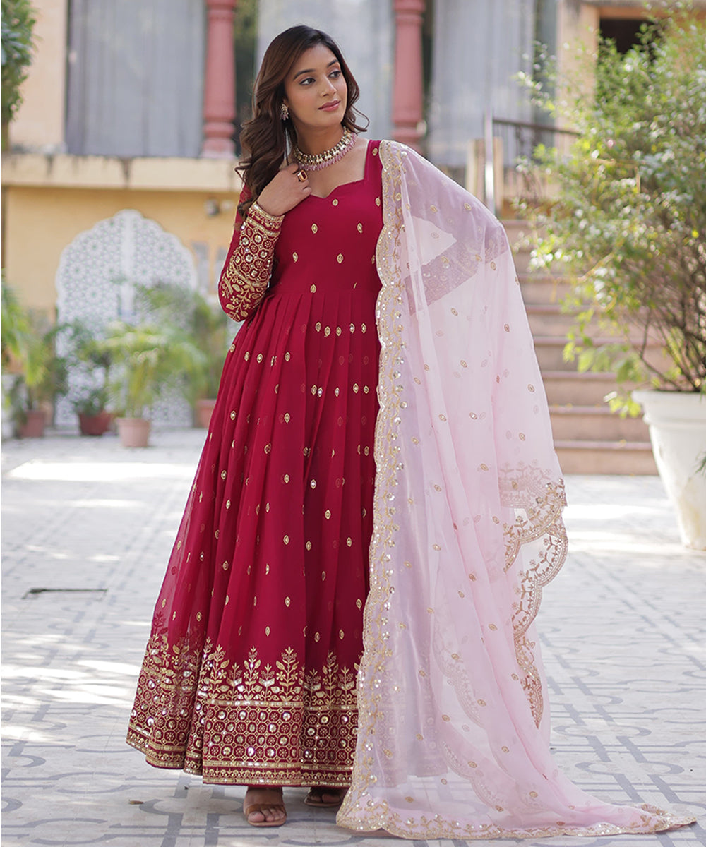 Dark-Magenta Faux Blooming Anarkali with Dupatta