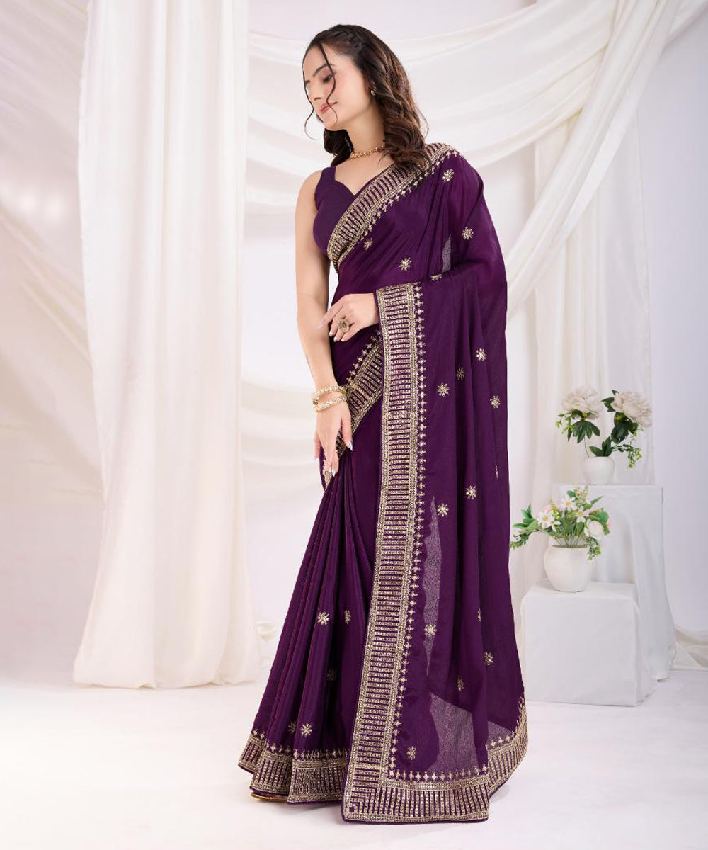 Purple Saree with Gold Zari Border and Traditional Weaving