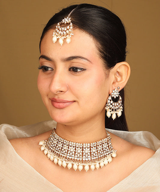 American Diamond High Neck Necklace Set with Pearls