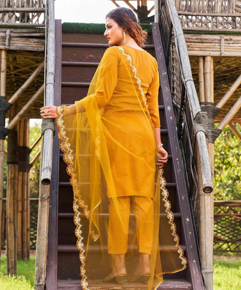 Mustard Embroidered Ethnic Motifs Kurta Set with Dupatta