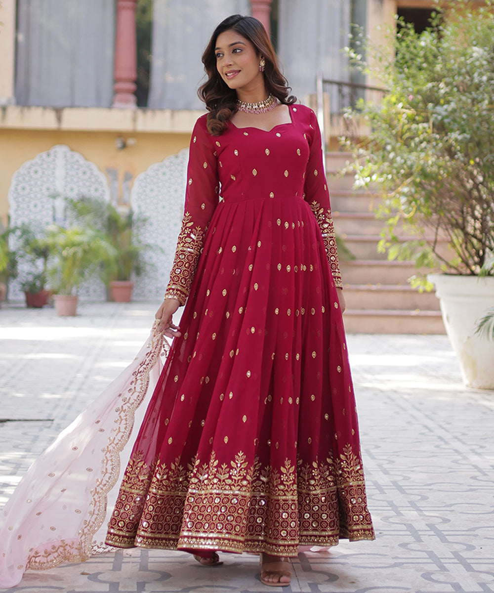 Dark-Magenta Faux Blooming Anarkali with Dupatta