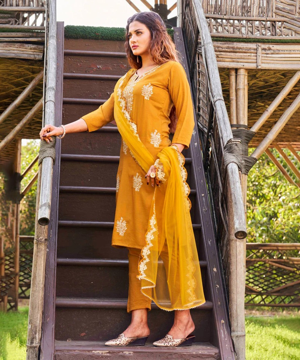 Mustard Embroidered Ethnic Motifs Kurta Set with Dupatta