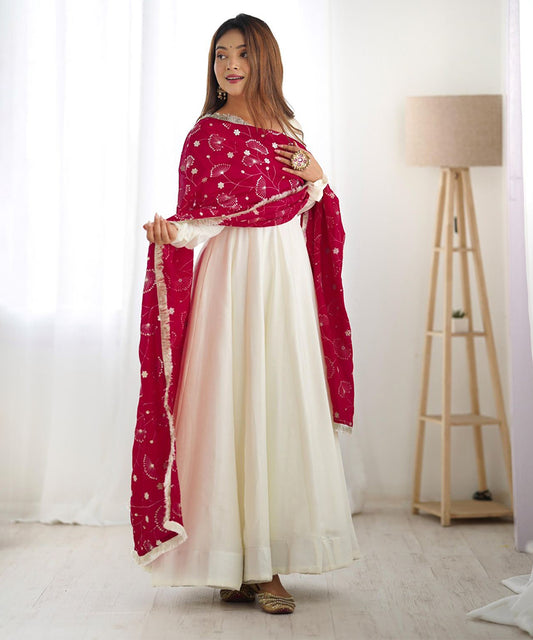 Plain White Vichitra Silk Anarkali Suit with Dupatta