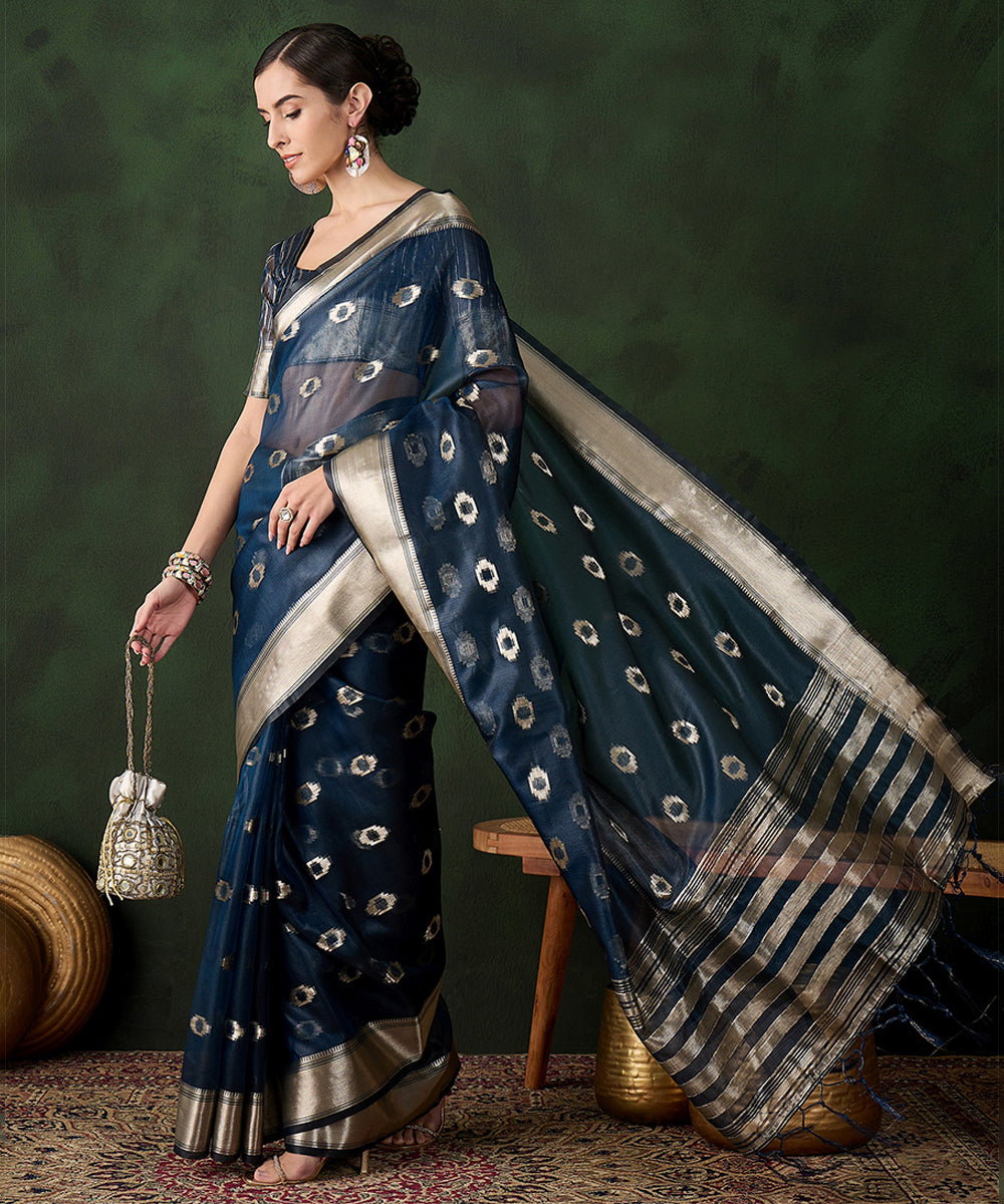 Navy Blue Ikat Cotton Silk Saree with Silver Zari Border