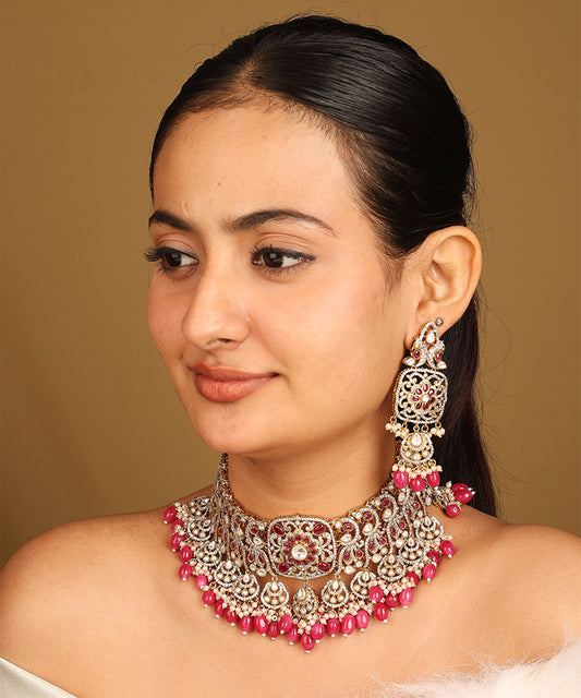 American Diamond Necklace Set with Pink Stones and Beads