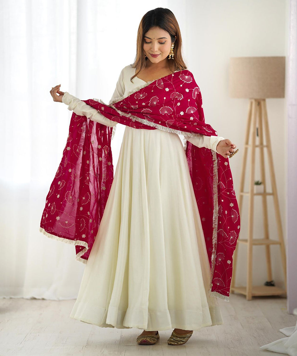 Plain White Vichitra Silk Anarkali Suit with Dupatta