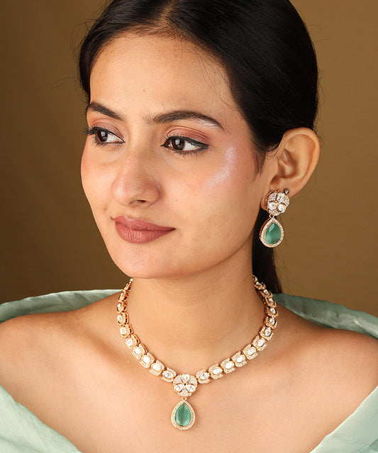 Kundan Necklace with Mint Green Stone Pendant