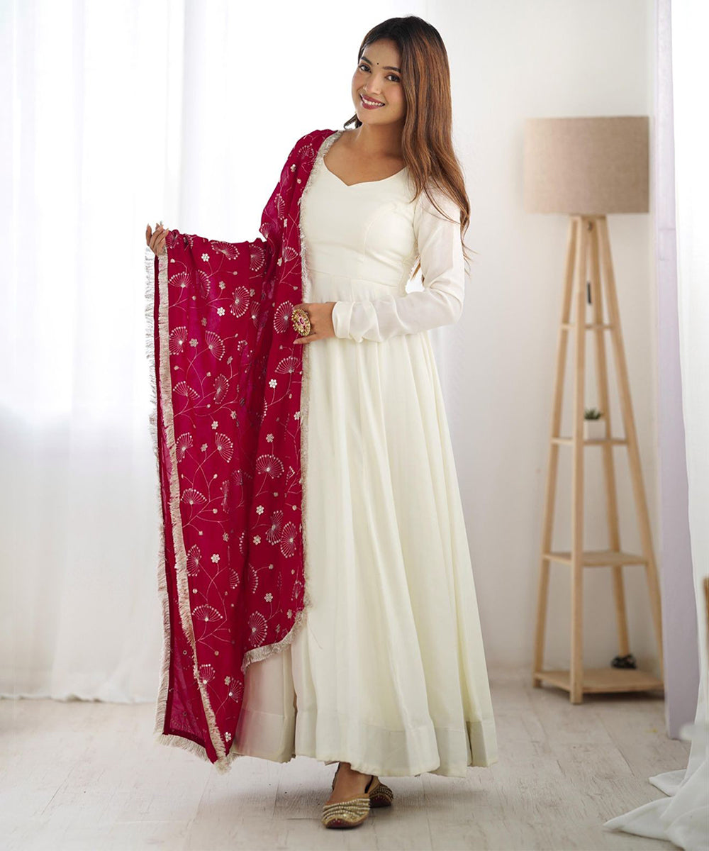 Plain White Vichitra Silk Anarkali Suit with Dupatta