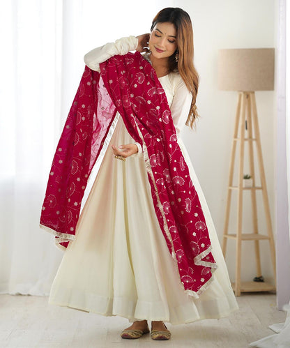 Plain White Vichitra Silk Anarkali Suit with Dupatta