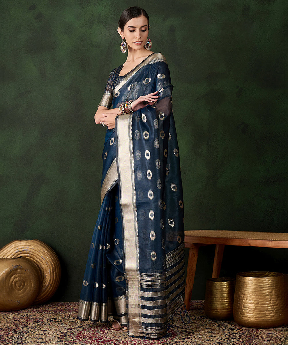 Navy Blue Ikat Cotton Silk Saree with Silver Zari Border