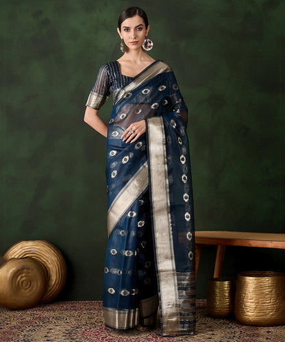 Navy Blue Ikat Cotton Silk Saree with Silver Zari Border