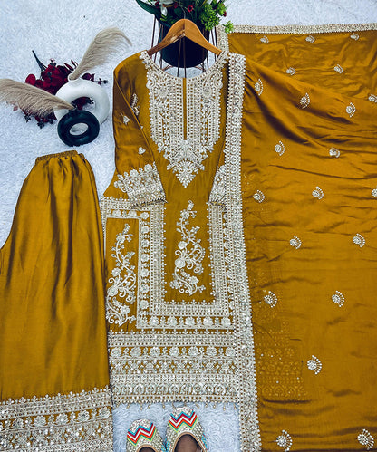 Mustard Chinnon Silk Heavy Embroidery Sequins Work Kurta Set with Dupatta