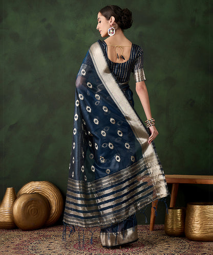 Navy Blue Ikat Cotton Silk Saree with Silver Zari Border