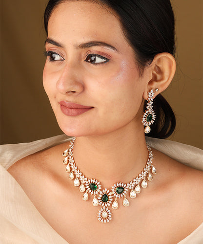 Statement Necklace with Green Stones and American Diamonds