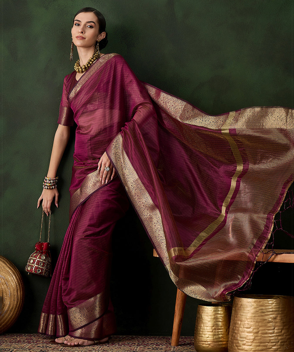 Plum Cotton Silk Saree with Ornate Gold Zari Border