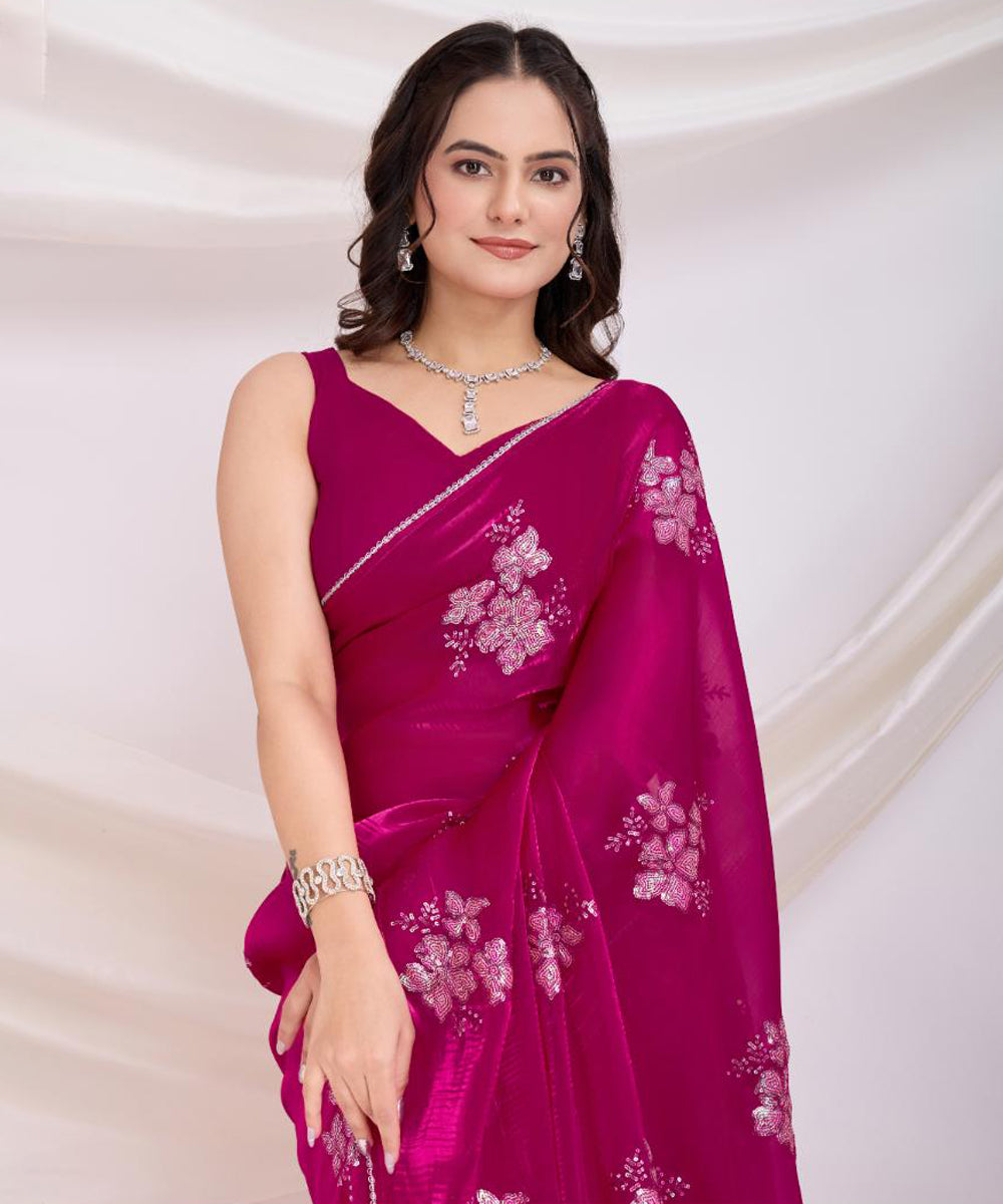 Fuchsia Pink Bloom Tissue Saree with a Lustrous Finish